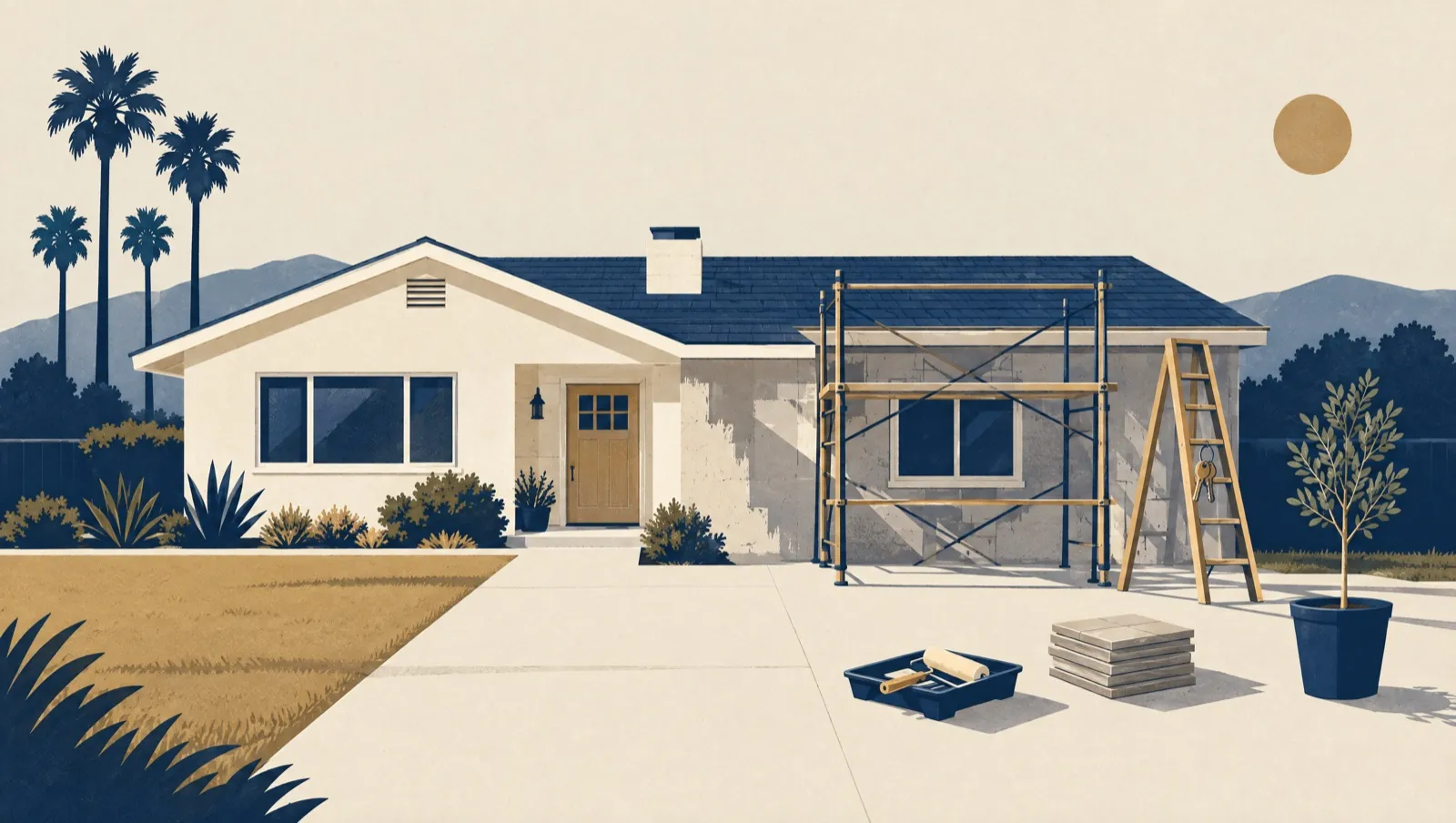 Illustration, not the property: a ranch house near the end of a renovation, half painted, with scaffolding, tiles and a ring of keys