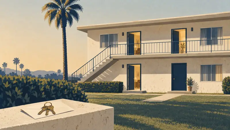 Illustration, not the property: an older two-story fourplex, three of its four doors standing open, and a ring of keys on an envelope