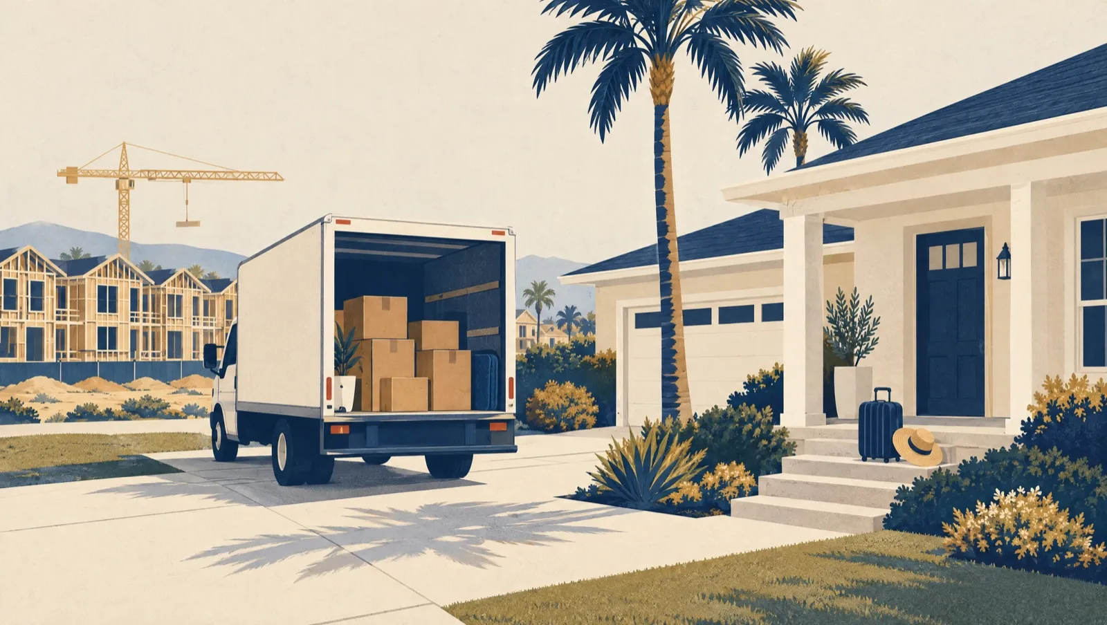 Illustration, not the property: a moving truck loaded with boxes outside a tidy home, new townhouses going up behind